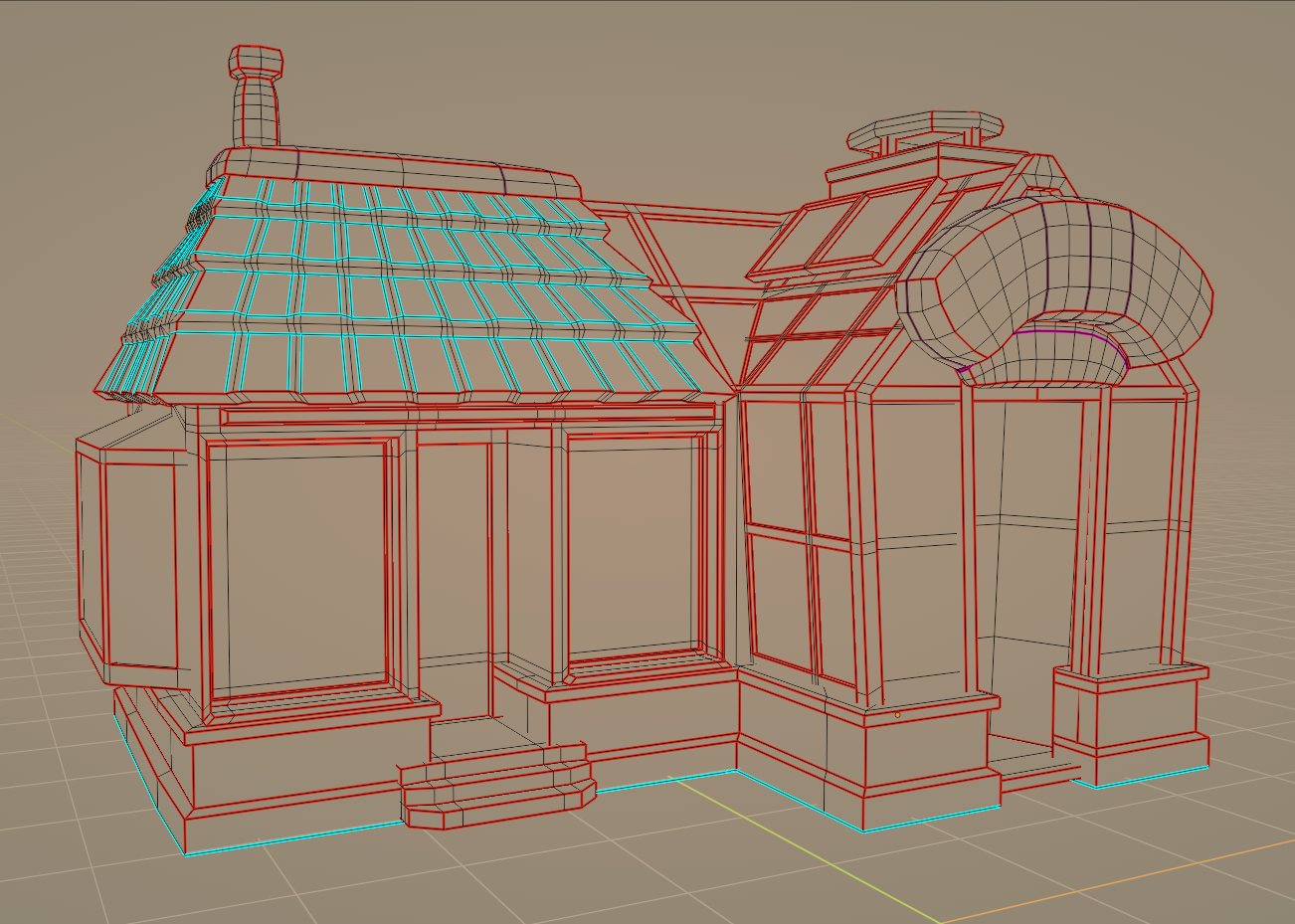 A 3D-rendered wireframe model of a house with multiple sections, a tiled roof, and a chimney, showing the structural outline and design details.