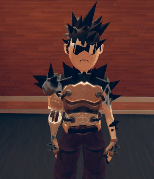 Cartoon character with spiky black hair, wearing sunglasses, black spikes on shoulders, and armor on arms, standing in a room with wood-paneled walls.