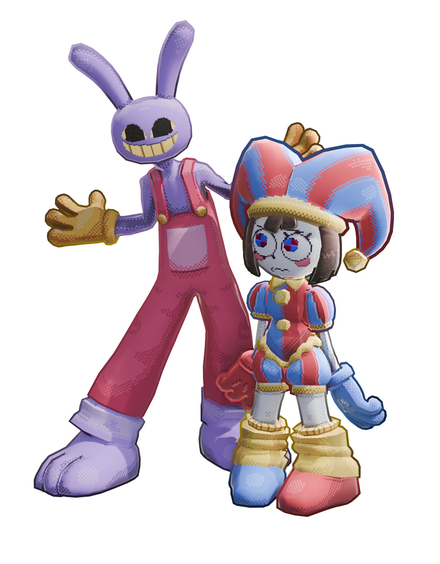 Two animated characters, one tall purple bunny with a wide grin and one smaller girl character in a jester hat and colorful outfit, standing together.