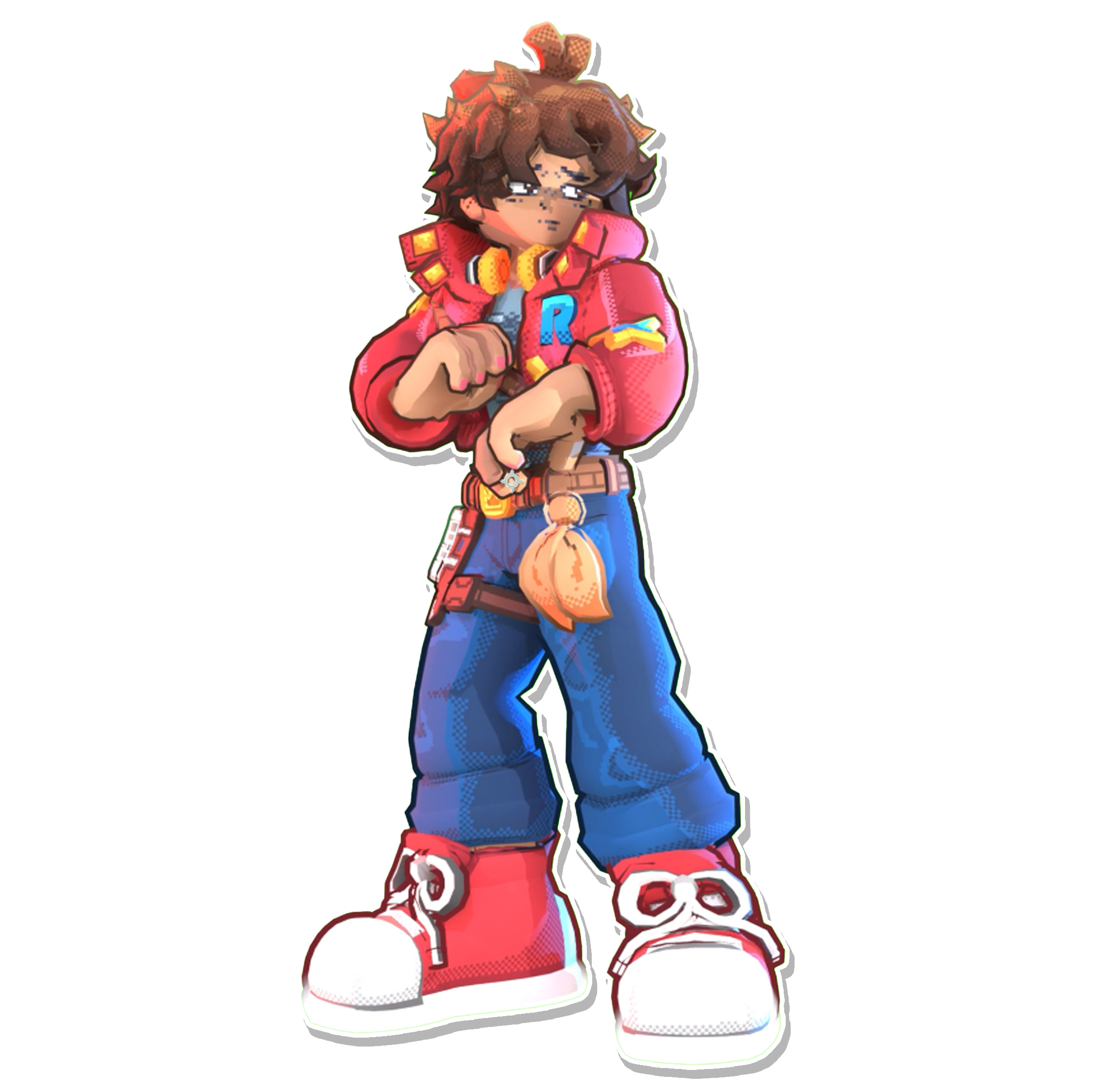 A cartoon-style boy wearing a red jacket, blue pants, and red sneakers, standing with arms crossed, wearing yellow headphones around his neck.