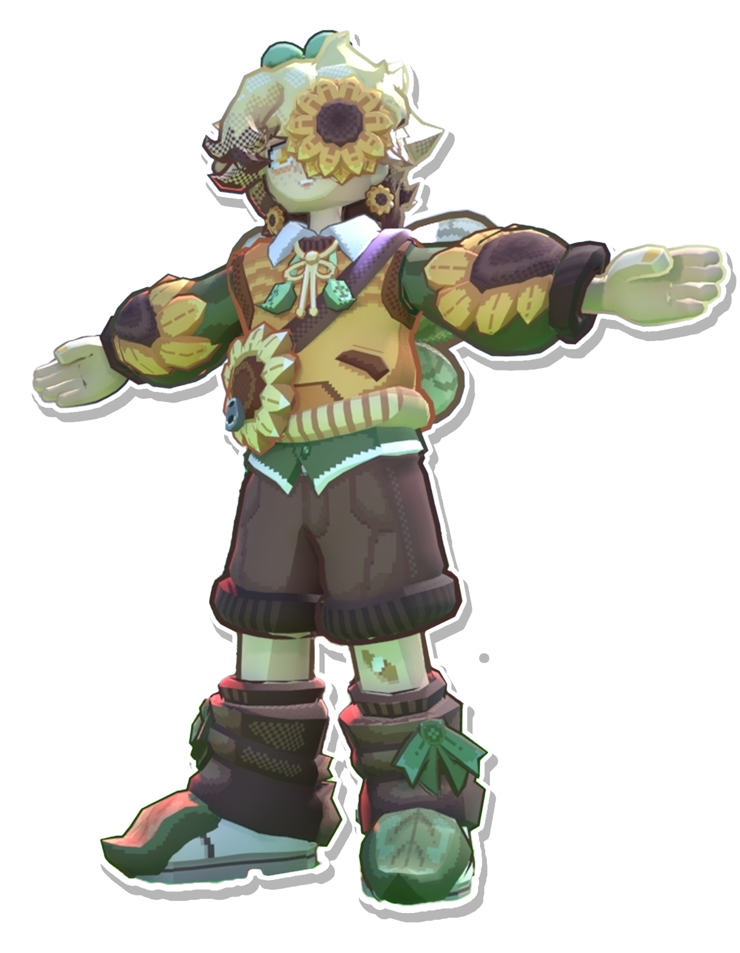 A character with a sunflower face, wearing a sunflower-themed outfit, standing with arms outstretched.