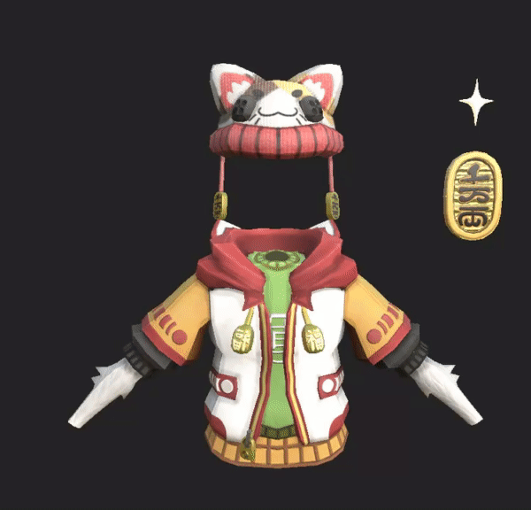 Cartoon cat character wearing a red hoodie, green shirt, and a white and red jacket with a yellow skirt, set against a black background with a gold coin and star.