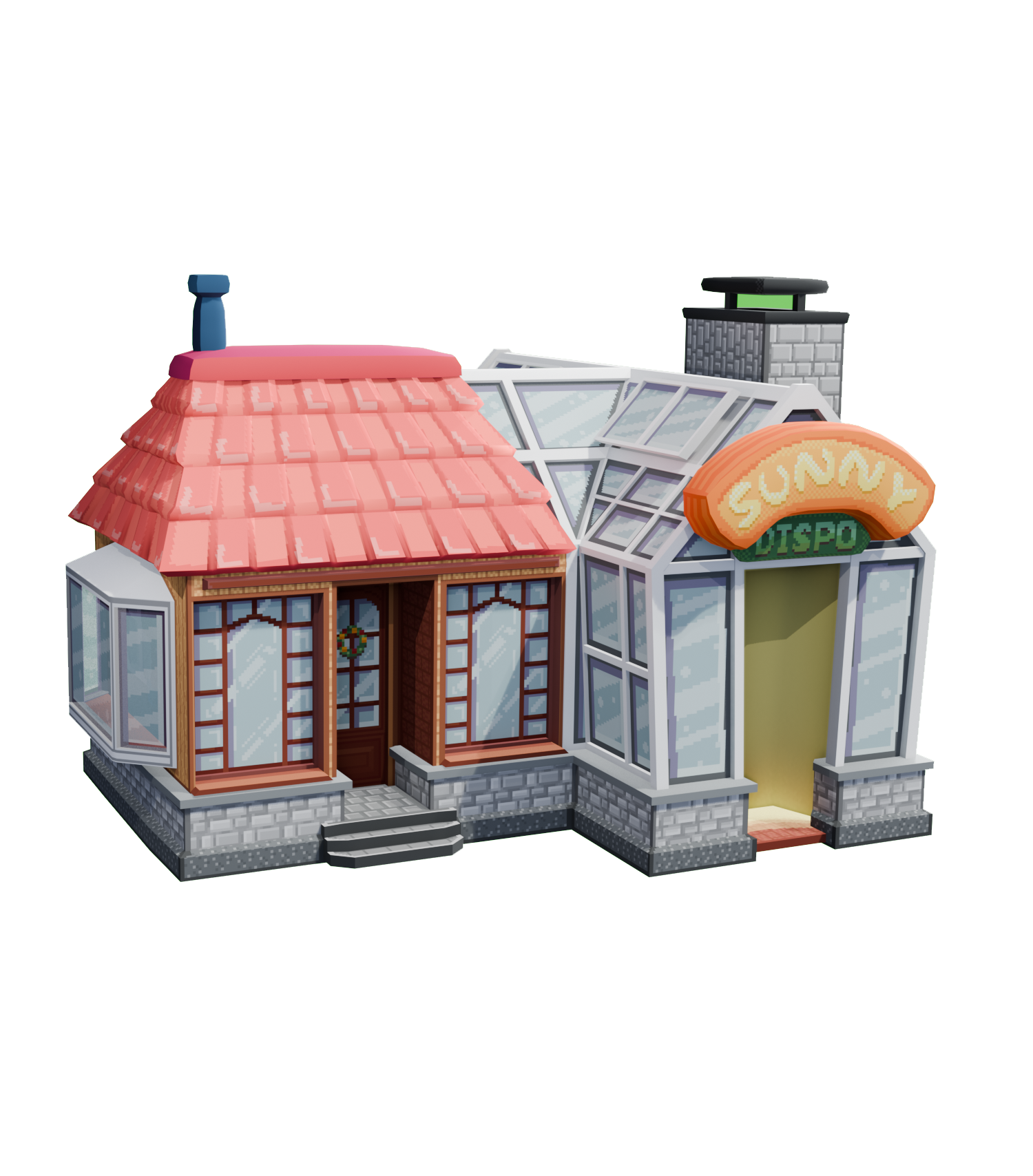 A toy building resembling a café or store with a pink-tiled roof, large glass windows, and a sign that reads 'Sunny Dispo' in pixelated text.