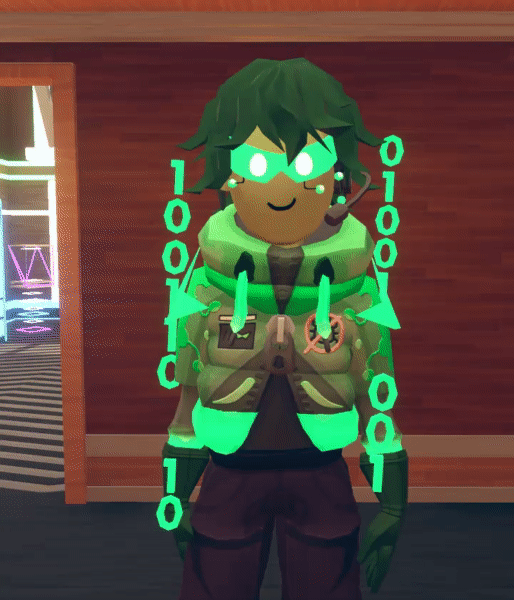 Cartoon character with dark green hair, wearing goggles with glowing green lenses, a headset, and a tan jacket with a glowing green chainsaw in one hand and a mechanical arm in the other, standing in front of a wooden wall.