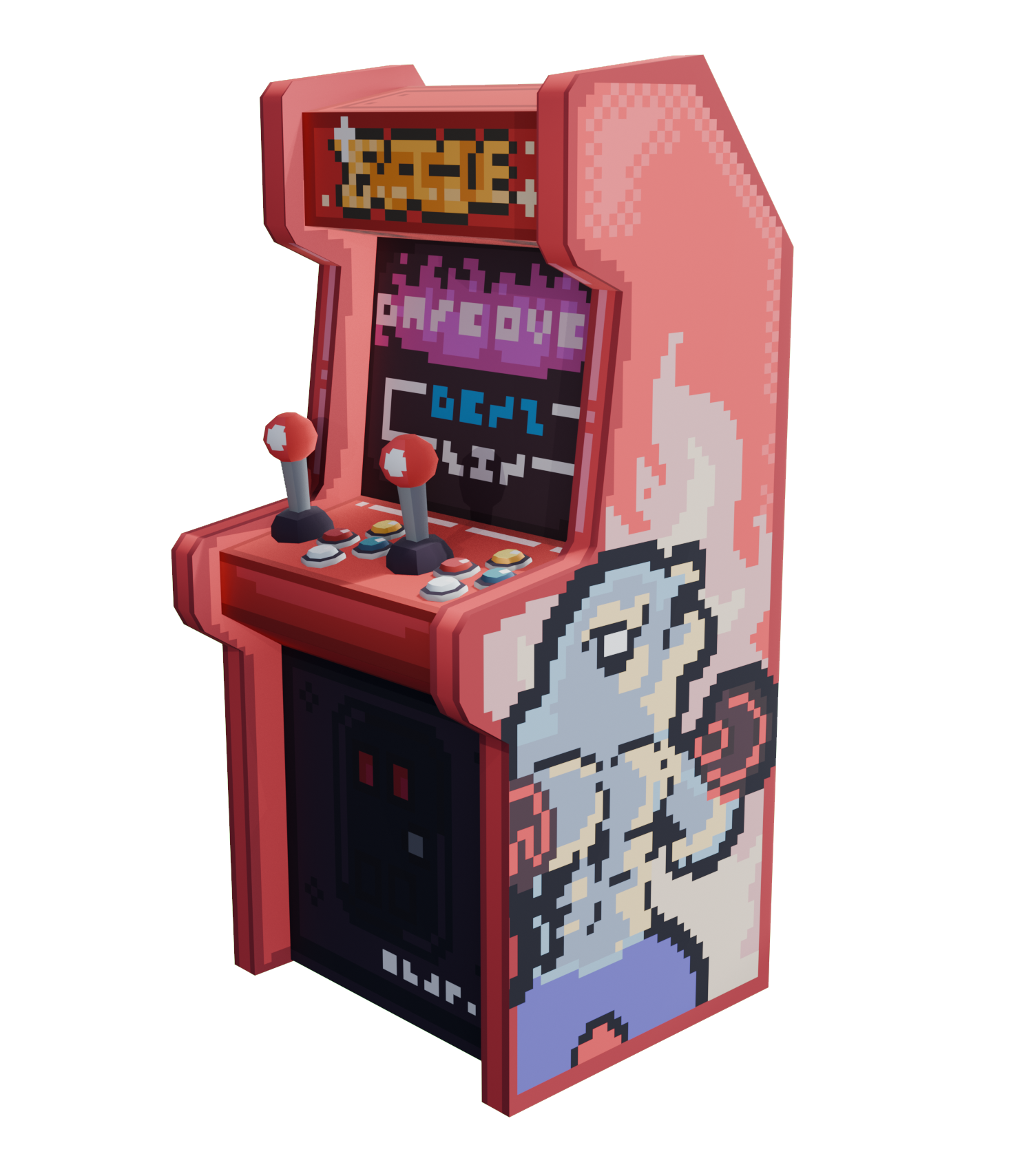 Pixel art arcade game machine with a dog illustration on the side, displaying pixelated text on the screen.