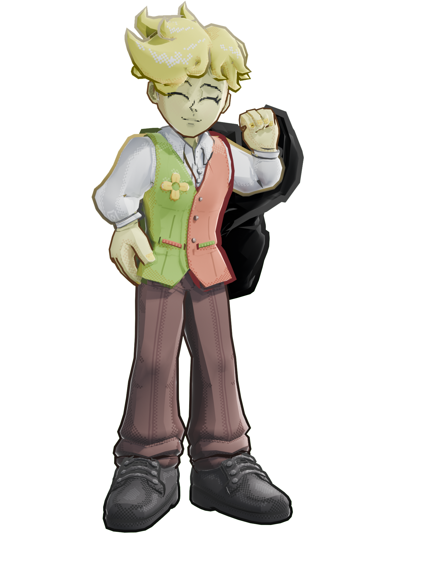 Cartoon character with blonde hair, smiling, wearing a colorful vest, white shirt, brown pants, and black boots, holding a large backpack over one shoulder.
