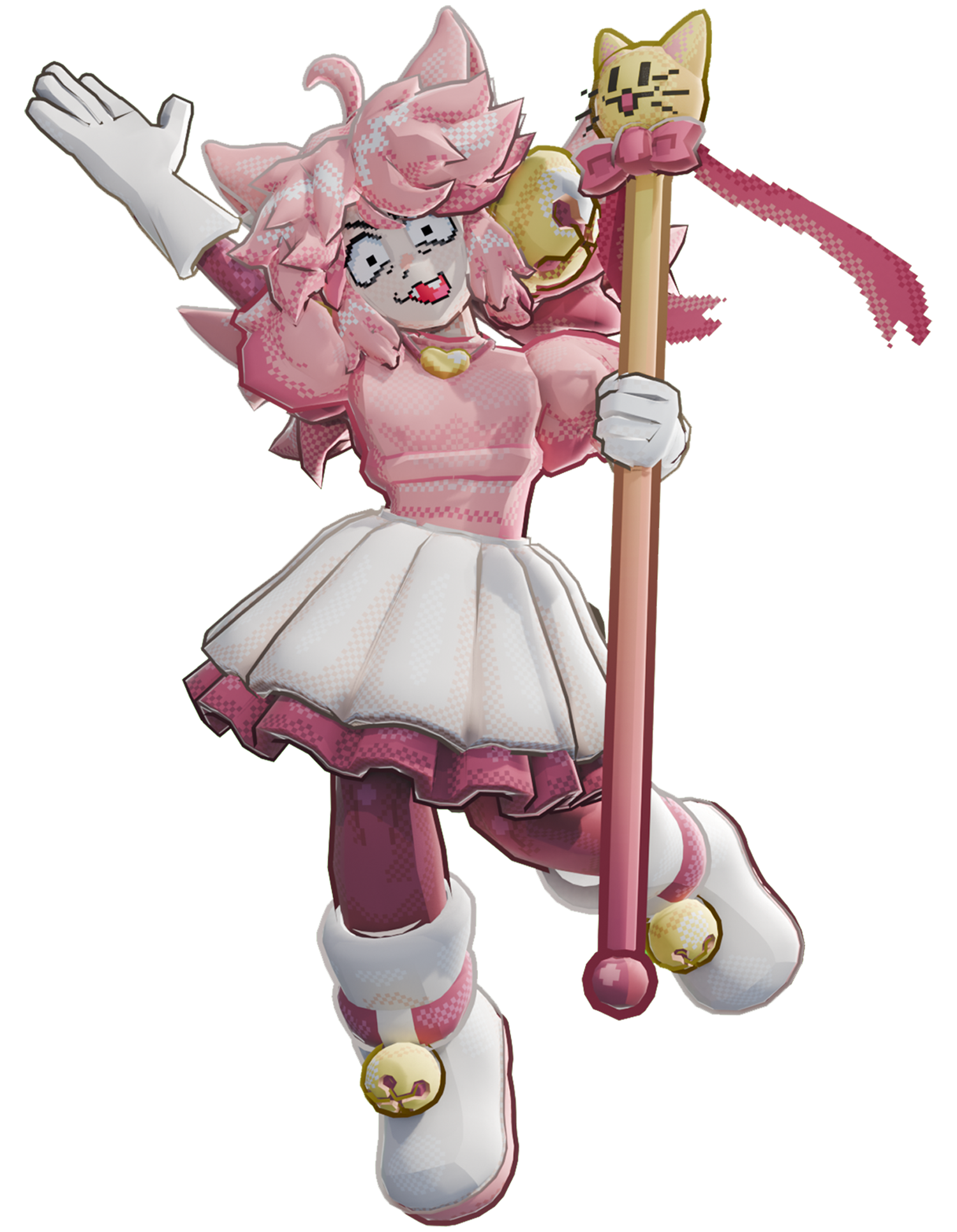 Cartoon-style character with pink hair, dressed in a pink and white outfit, holding a pink staff with a cat face, and wearing a cat-themed accessory.