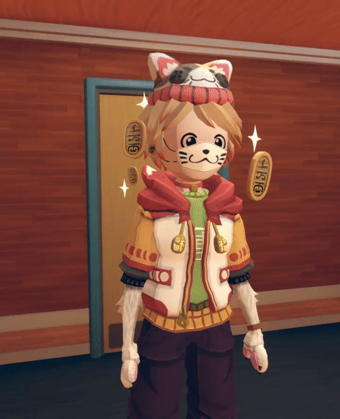 A person wearing a tiger mask and a cat-themed hat with ears, standing in front of a door decorated with a "The" sign and other Asian-themed ornaments.