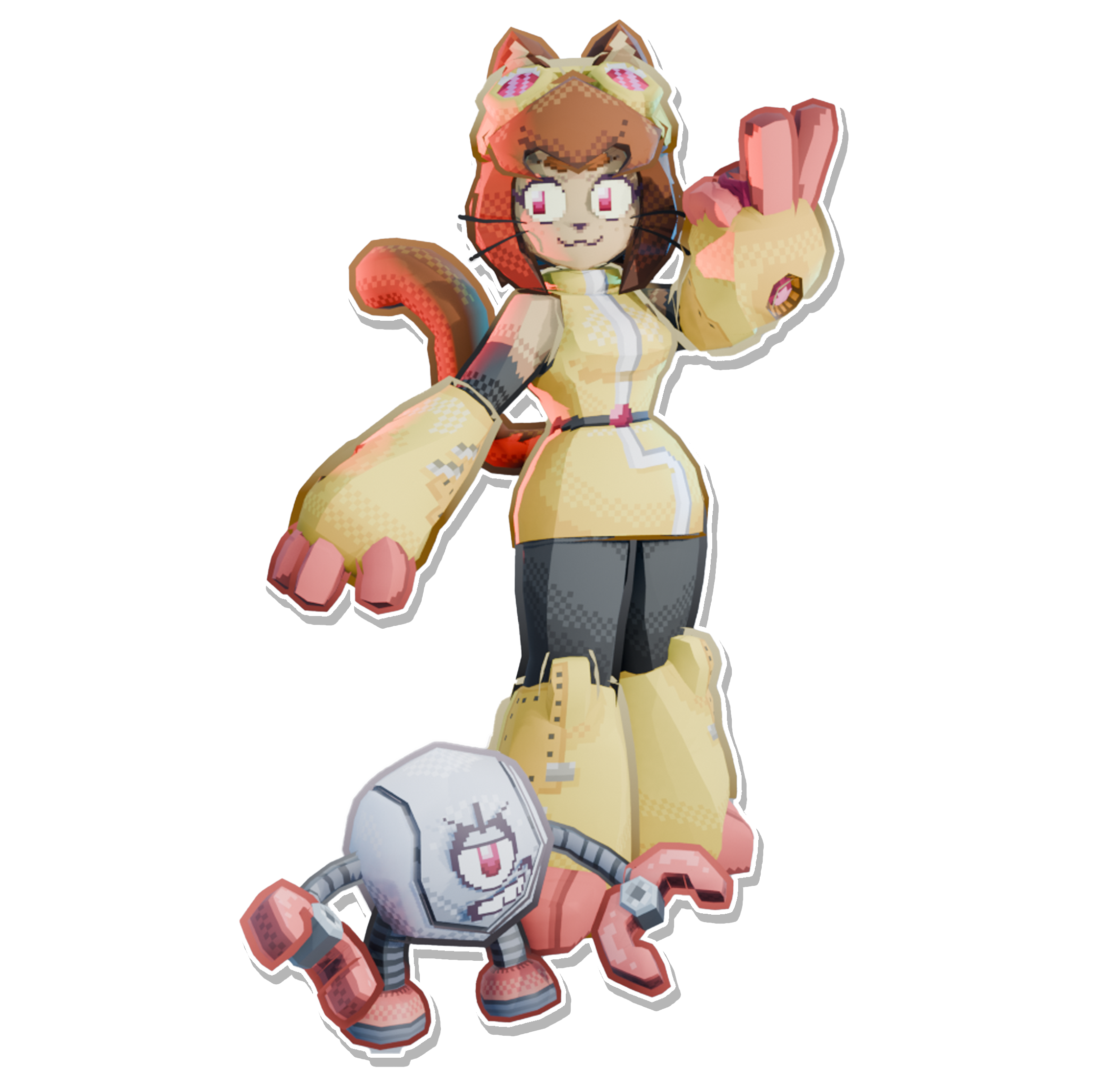 A cartoon-style character with glasses, a fox costume, and a bunny in a suit, all in a pixel art style.
