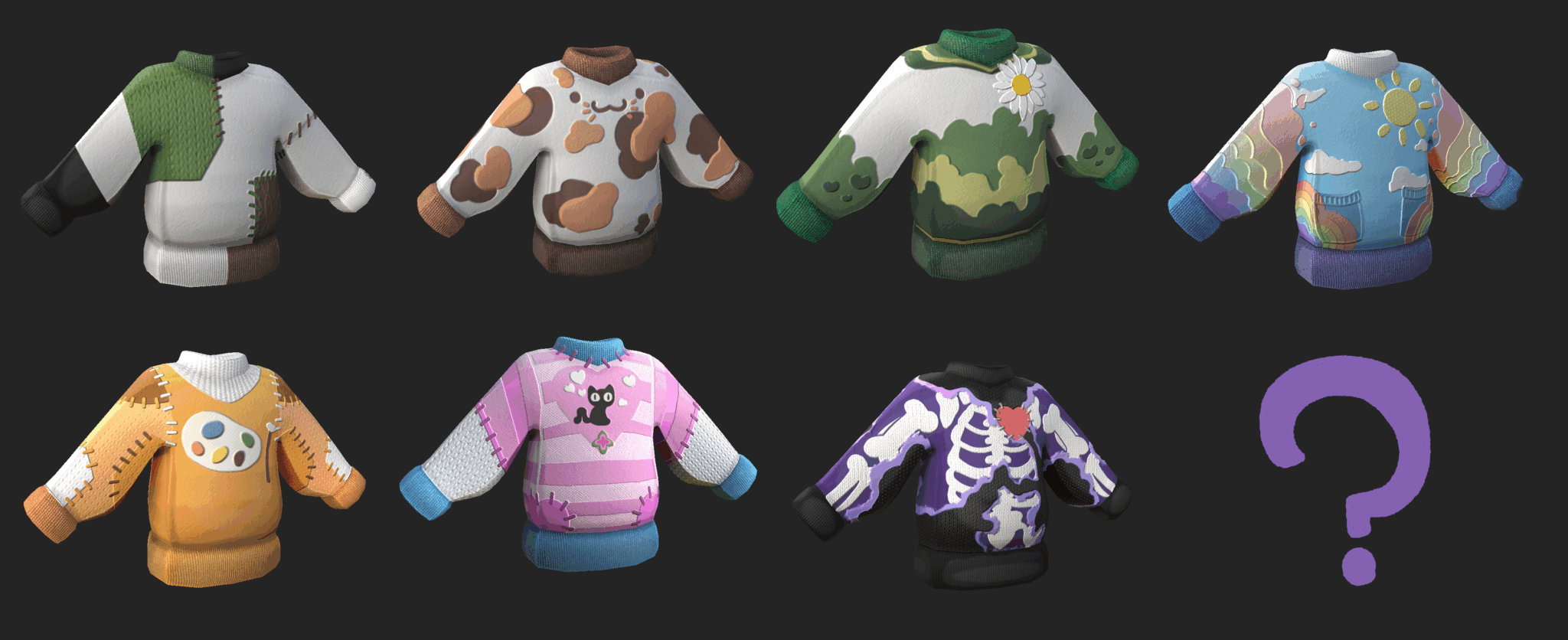 Array of eight colorful, patterned, cartoon-style sweaters with various designs including nature, abstract, and playful motifs, along with a purple question mark symbol.