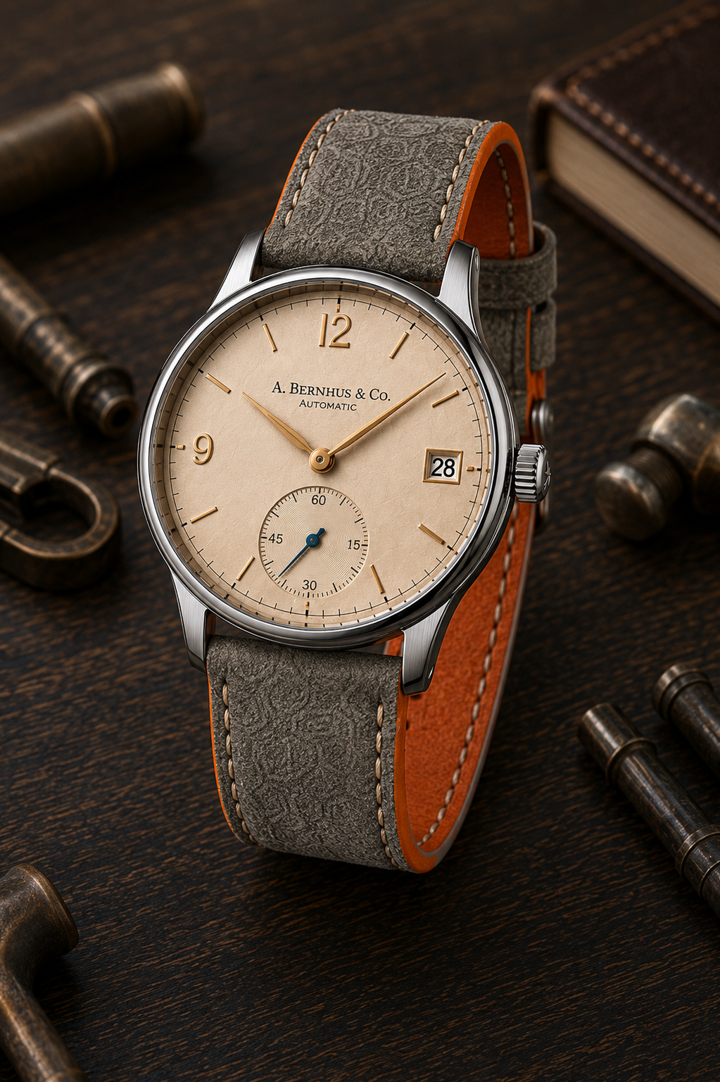 En elegant armbandsur med beige urskive, gullfargede visere, en liten sekundviser, datovisning og roterende sekundviser, på en grå skinnreim med orange innside, plassert på en mørk treplate med metallbiter og en liten bok i bakgrunnen.