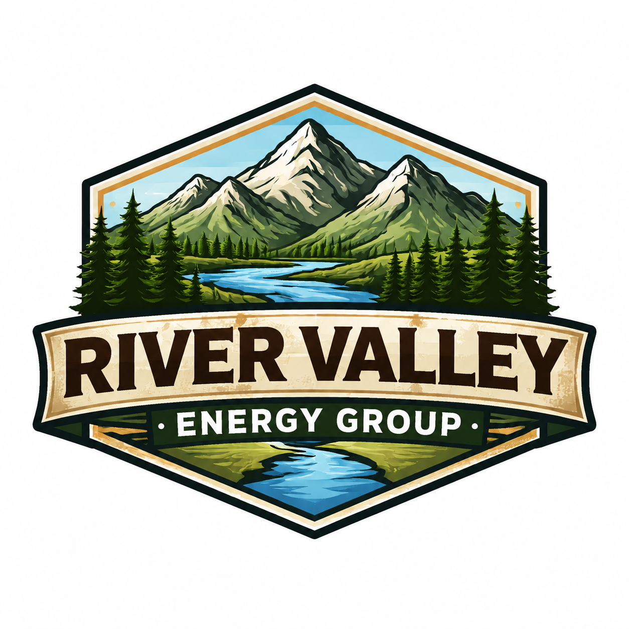 Logo for Rivervalley Energy Group featuring mountains, a river, and trees.