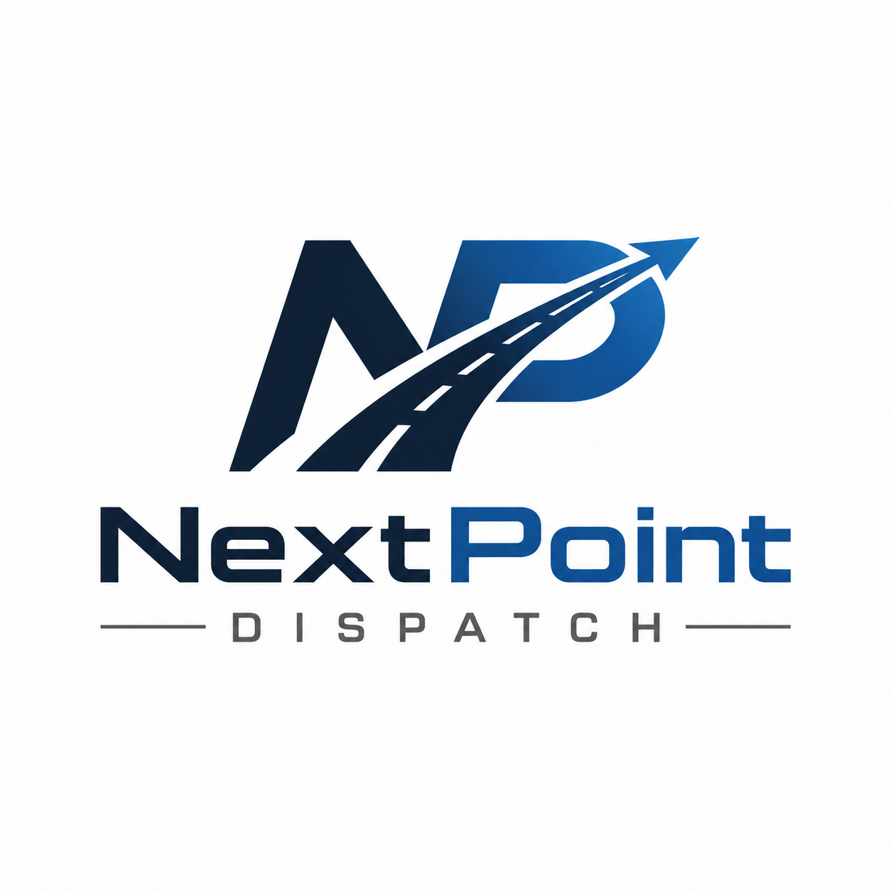 Logo for Next Point Dispatch featuring a stylized 'NP' with a road and arrow, with the company name in bold blue and black text.