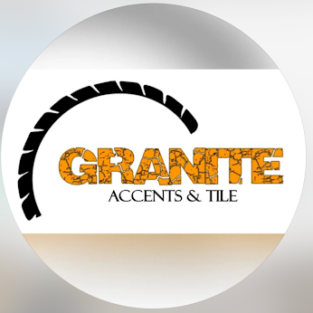 Logo for Granite Accents & Tile featuring a black circular gauge and orange cracked-text logo.