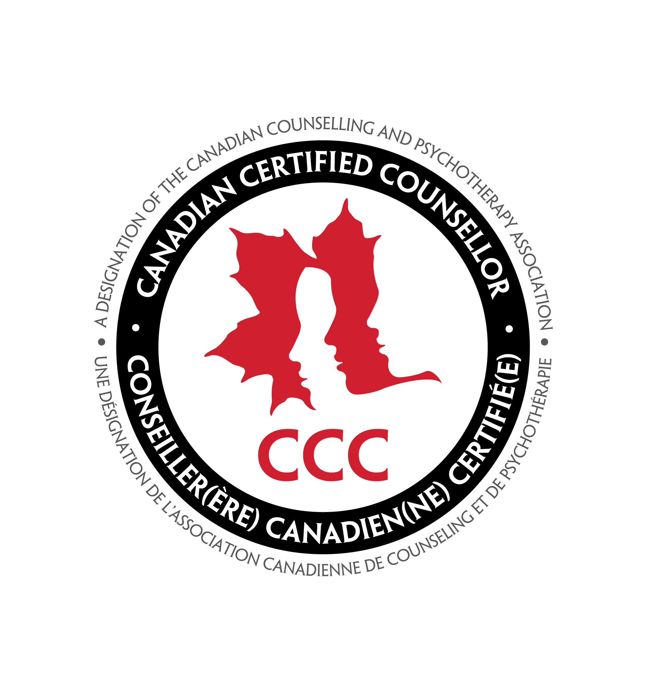 A black circular badge with a red Canadian maple leaf at the center, surrounded by white text that reads 'CANADIAN CERTIFIED COUNSELLOR' and additional smaller text around the edge indicating affiliation with the Canadian Association of Canadian Certified Counselling Professionals.