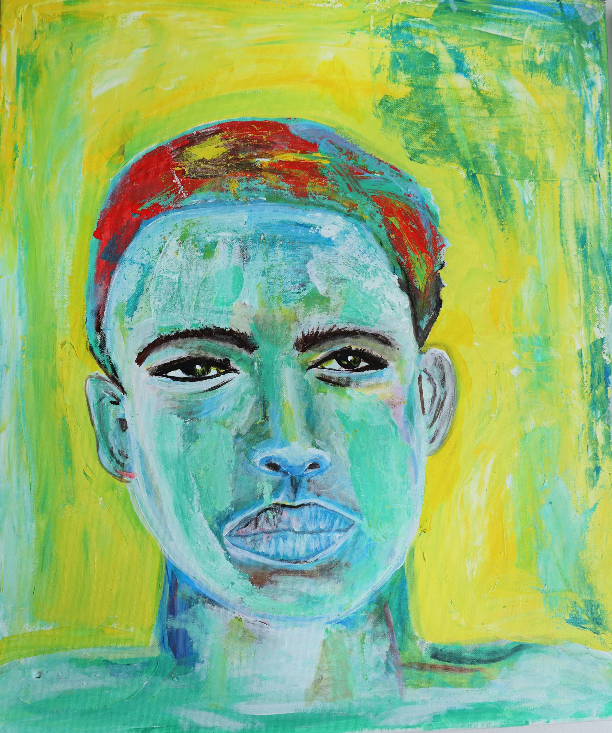 A colorful abstract portrait painting of a woman with short hair, dark eyebrows, and expressive eyes, set against a bright yellow-green background.
