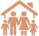 A family of four holding hands under a house roof