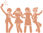 Three animated figures dancing together with arms raised