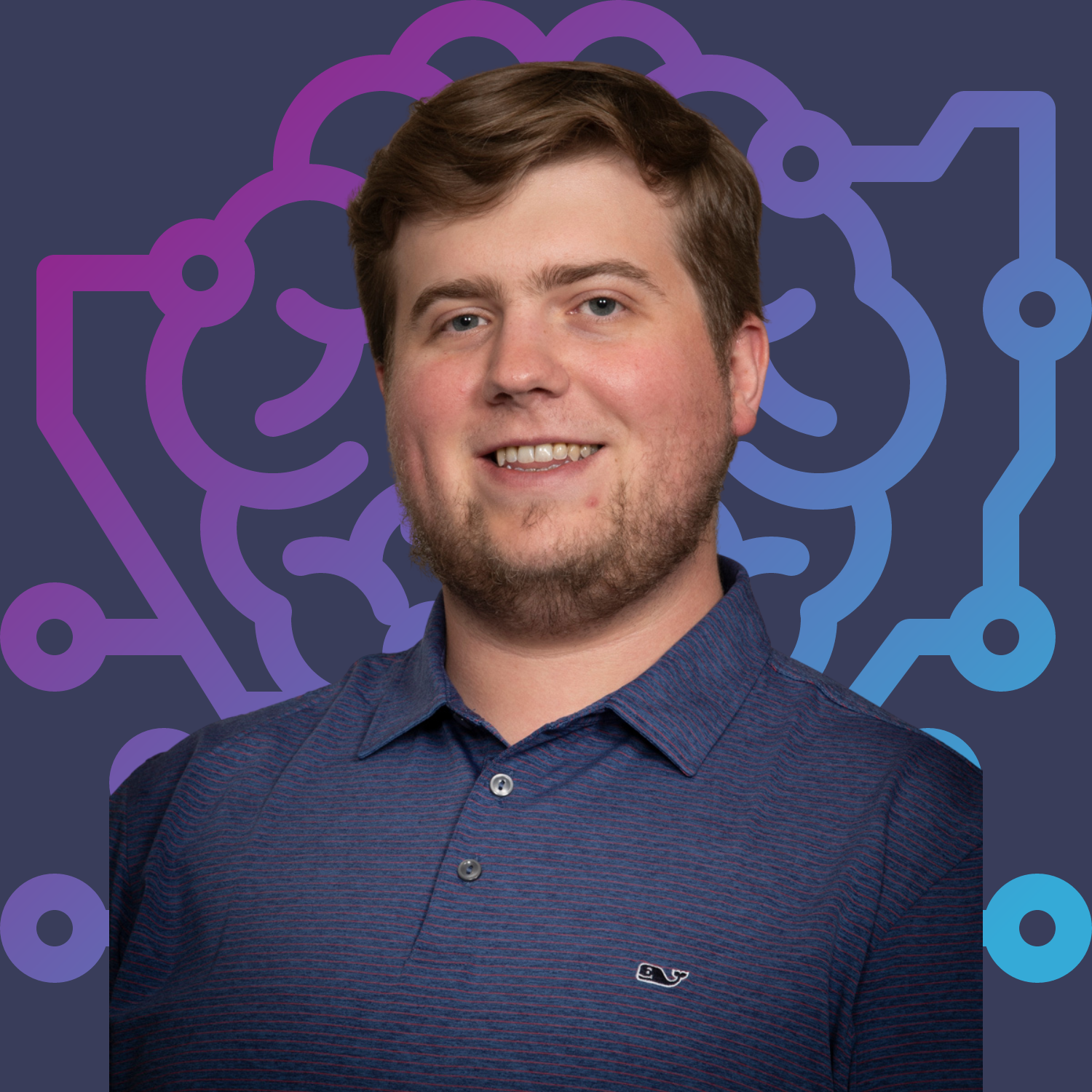 Headshot of a young man with brown hair and beard, wearing a dark blue button-up shirt, standing in front of a background with abstract, circuit-like patterns in purple and blue.