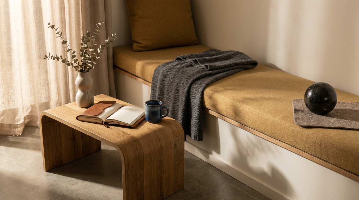 Cozy corner with a wooden bench seat, mustard-colored cushions, gray throw blanket, a small wooden coffee table with an open book, a blue ceramic mug, a beige vase with eucalyptus branches, and a black spherical decoration, next to beige curtains.