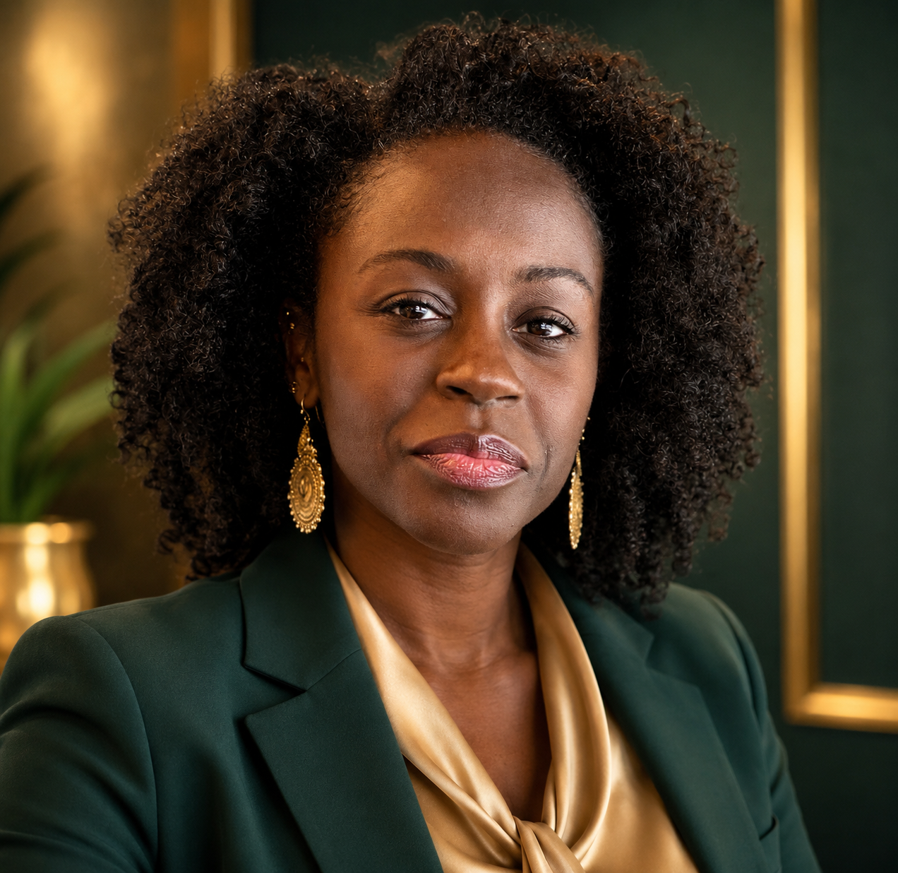 A confident African American woman in a dark green blazer with gold blouse, gold earrings, and styled curly hair, standing in an elegant room with dark green wall and potted plant.
