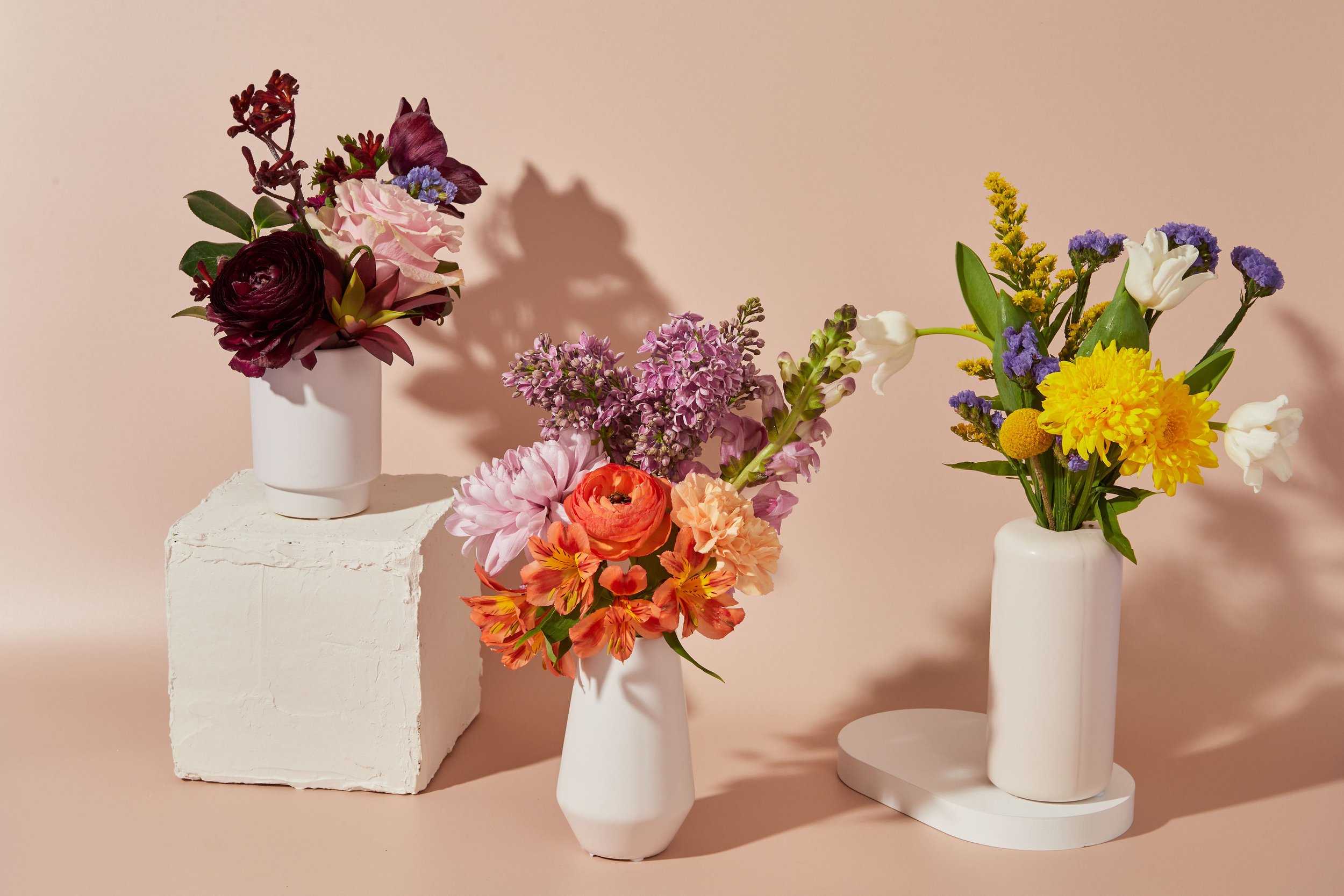 Arrangement of colorful flowers in white vases on a beige background, with shadows cast behind them.