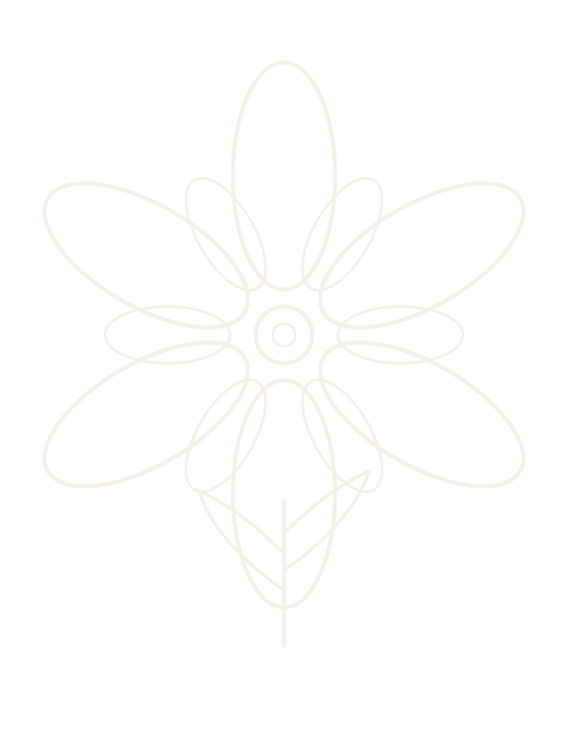 White line drawing of a symmetrical flower with a circular center, eight large petal-like shapes, and a stylized leaf at the bottom, all against a black background.
