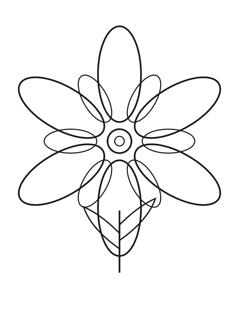 A minimalistic black and white line drawing of a flower with a central circle, surrounded by oval petals and a leaf at the bottom.