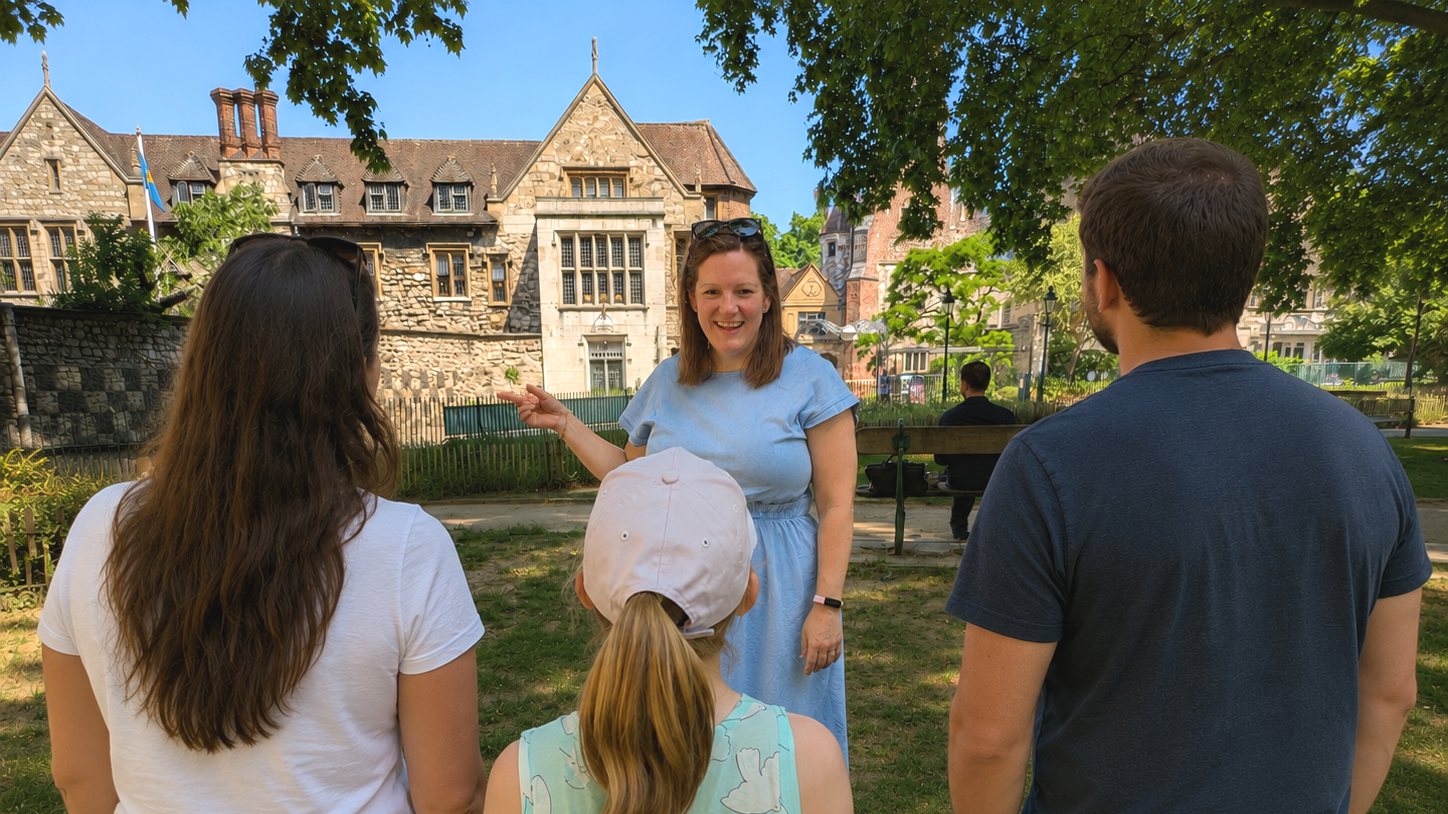 Elaine from Magpie Tours London on the Rhymes and Reasons Tour outside Charterhouse