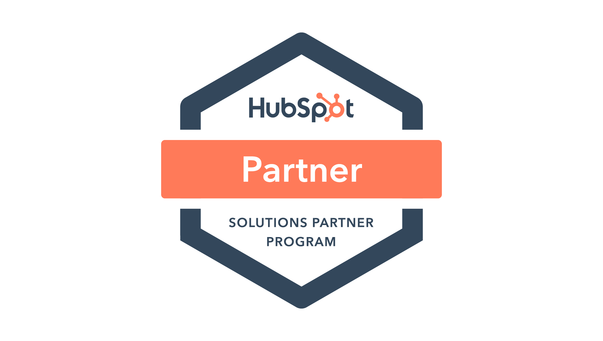 HubSpot Partner program badge with a house-shaped design, featuring the HubSpot logo at the top, a large orange rectangle with the word 'Partner' in white text, and the phrases 'Solutions Partner' and 'Program' at the bottom.