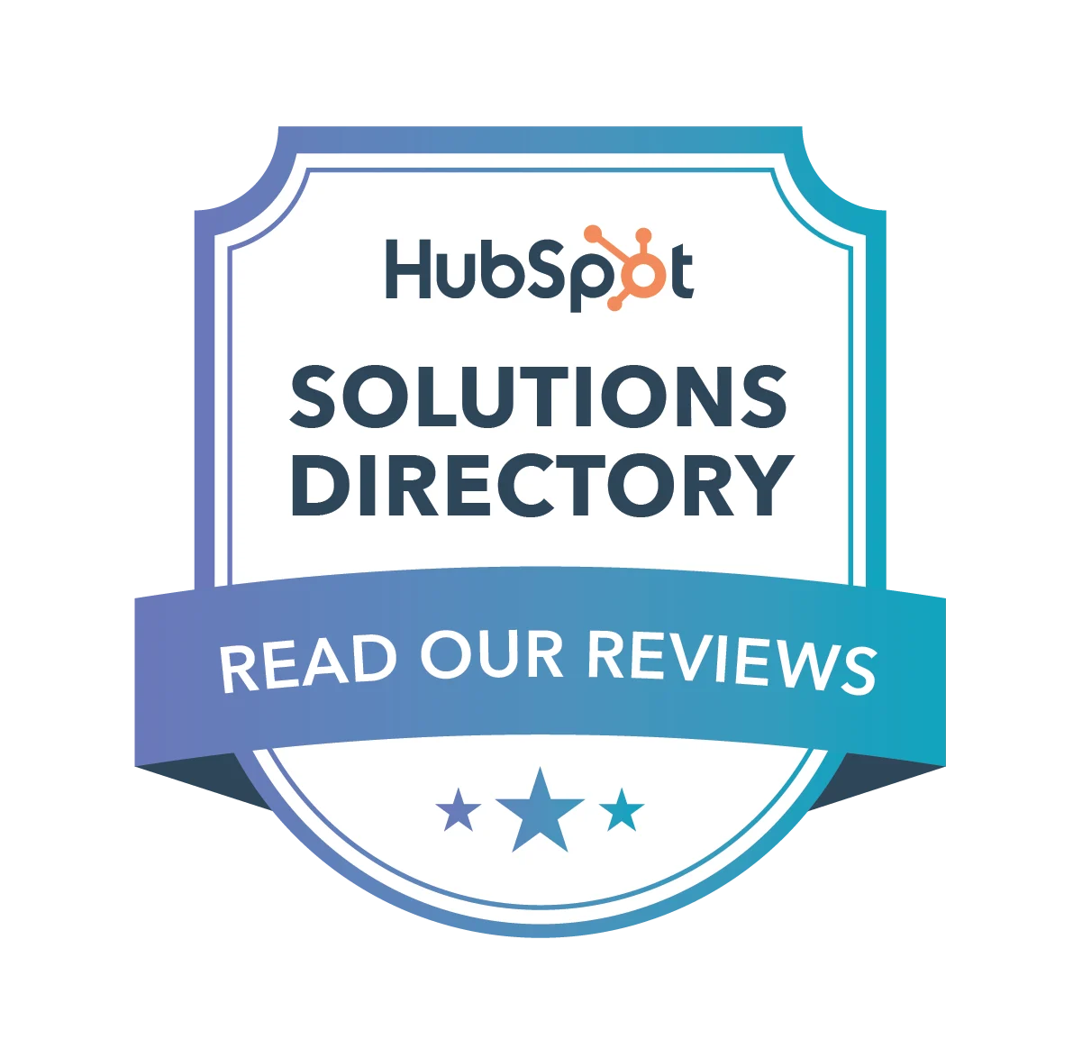 HubSpot Solutions Directory badge with a blue and white shield design, featuring the text 'Read Our Reviews'.
