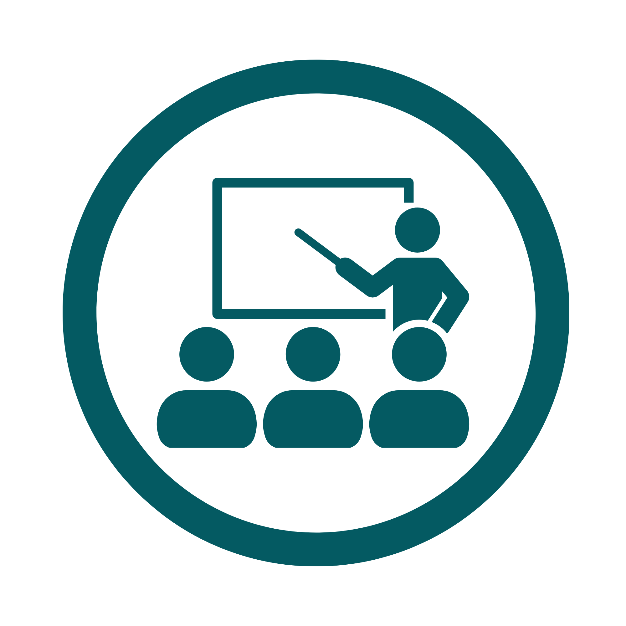 Line art of a person presenting with a pointer and a presentation board, surrounded by a clock symbol.