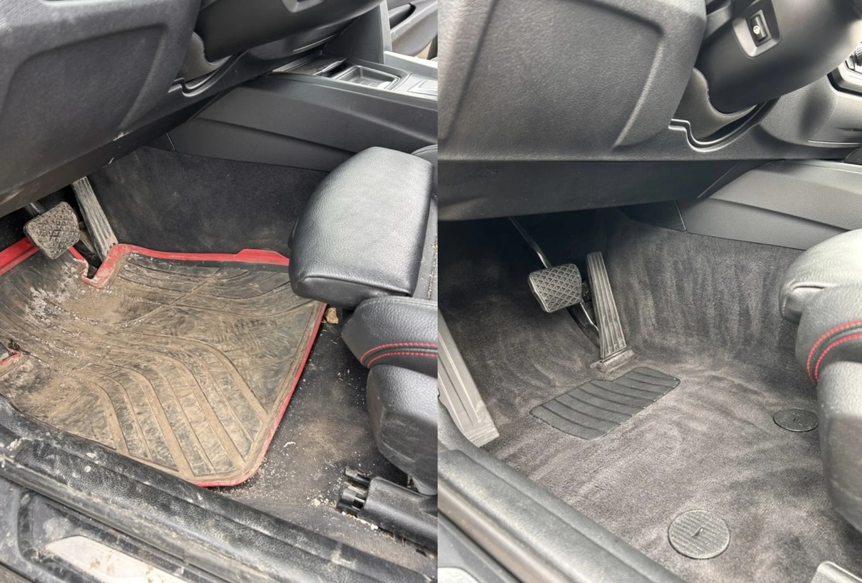 Comparison of the driver side car footwell before and after cleaning. The left side shows a dirty, dusty, and debris-filled floor with a rubber mat, brake and accelerator pedals, and an armrest. The right side shows a clean, vacuumed, and well-maintained floor with the same components.