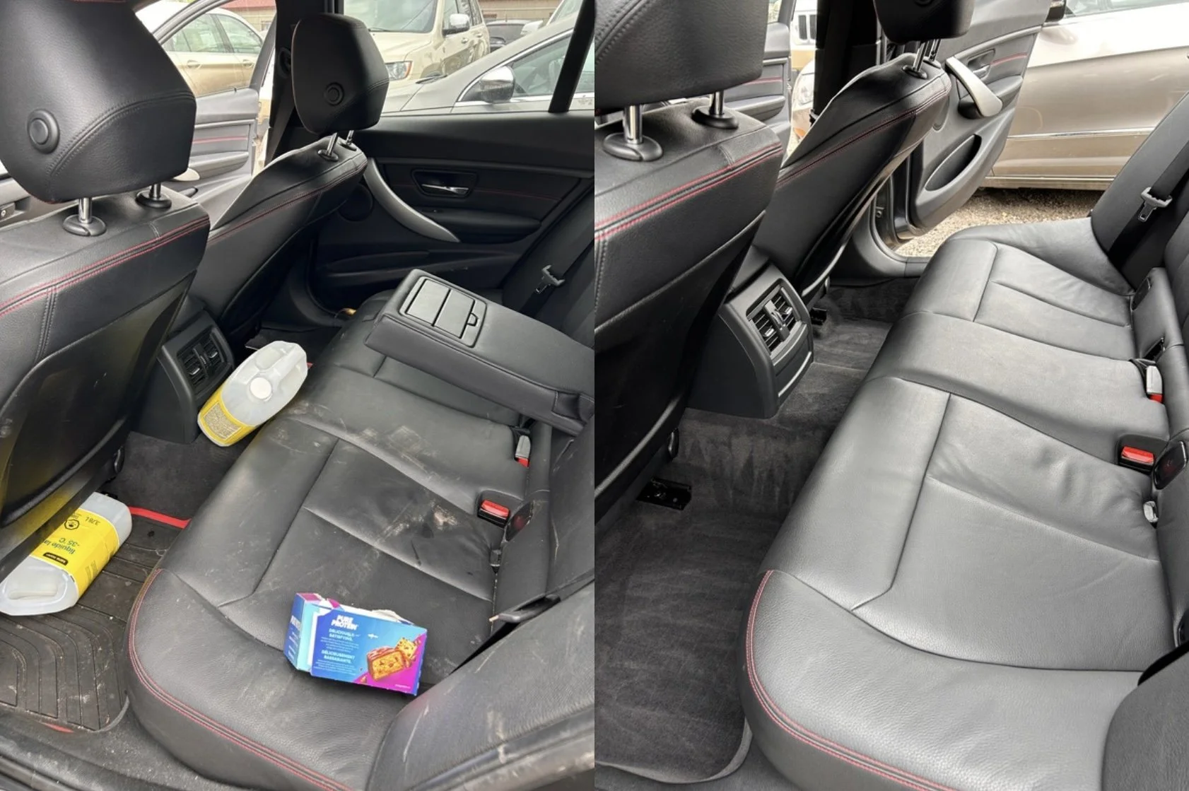 Comparison of car interior before and after cleaning, showing rear seats, seatbacks, and floor area, with cleaning supplies on the dirty seat in the left image and a clean, polished seat in the right image.