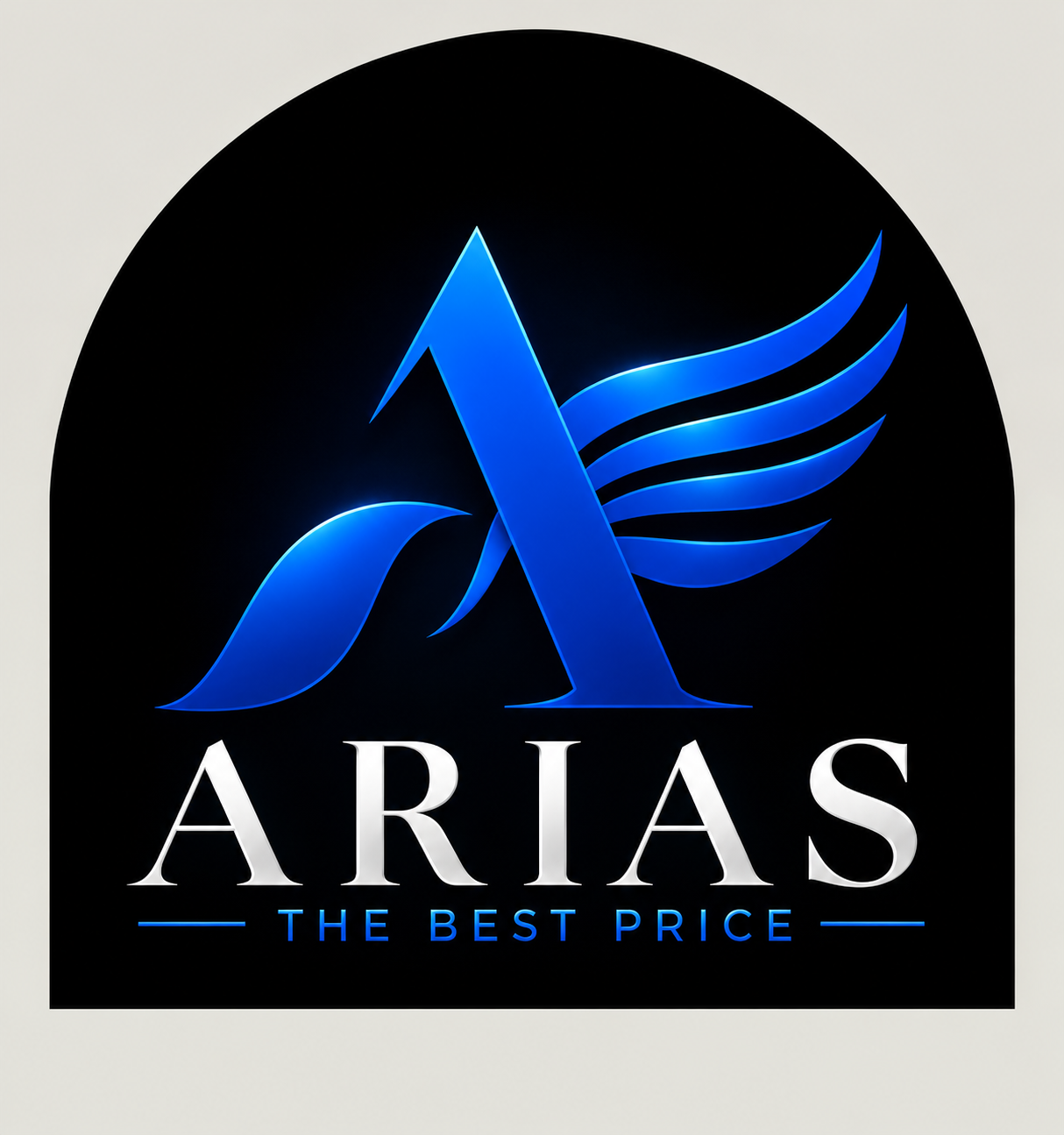 A black and white logo for ARAIAS with a large stylized letter A, blue curved lines resembling wings, and the slogan 'THE BEST PRICE' in blue text.