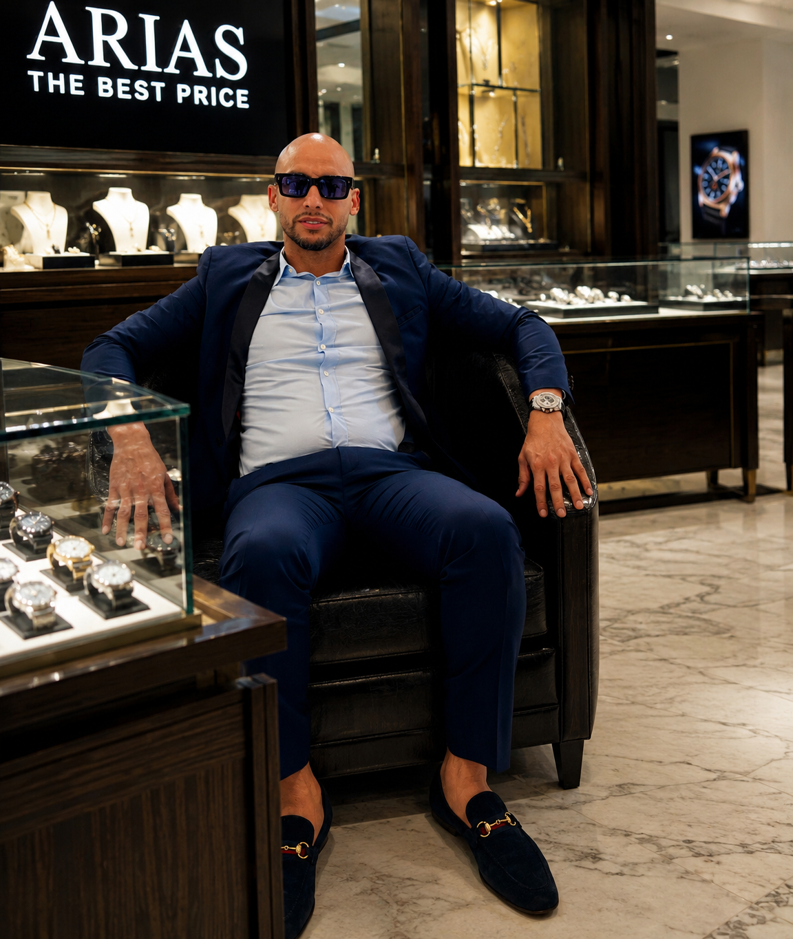A man in a blue suit sitting on a black leather chair inside a jewelry store, wearing sunglasses, a white dress shirt, a watch, and loafers, with jewelry displays behind him and a store sign that reads "ARJAS THE BEST PRICE."