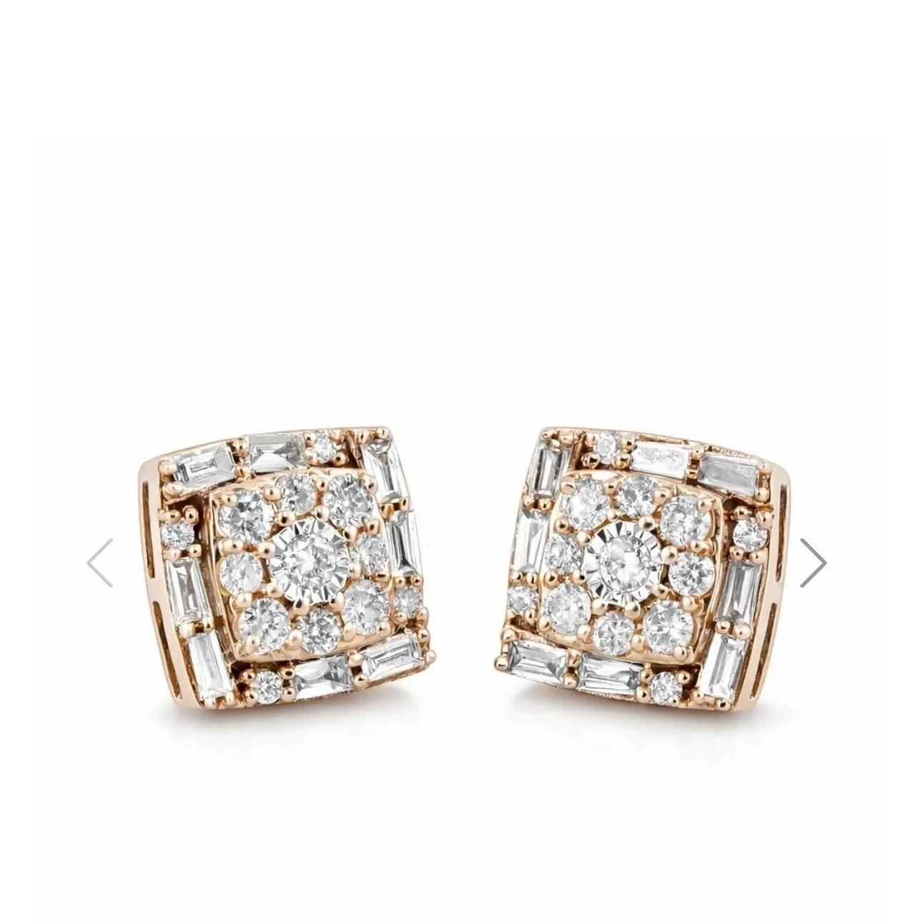 Elegant square-shaped diamond stud earrings with gold setting featuring multiple round and baguette-cut diamonds.