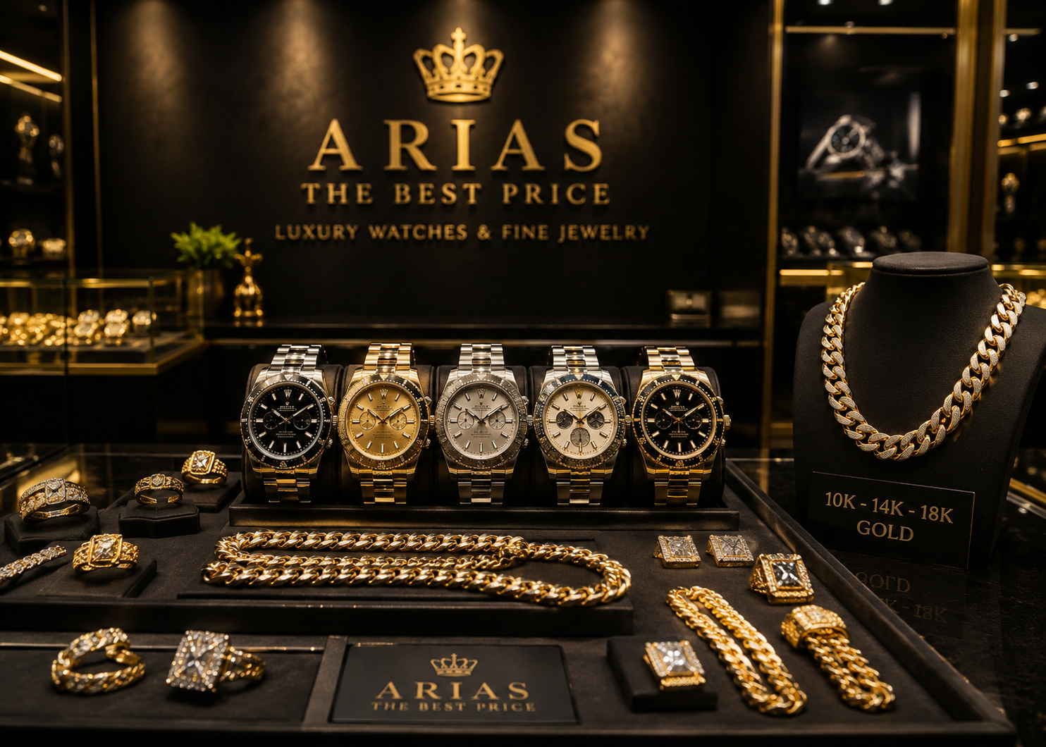 Display case with luxury watches, jewelry, and gold accessories in a jewelry store. Sign reading 'Arias' with a crown logo, gold lettering, and the slogan 'The Best Price'. The items include watches in black, gold, silver, and white, along with chains, rings, earrings, and a necklace on a black bust with a gold and silver chain. The display showcases luxury jewelry with a focus on gold items ranging from 10K to 18K.