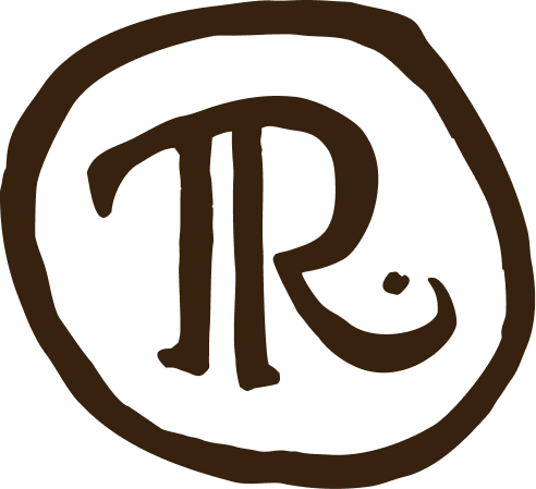 A circular logo with stylized initials 'TR' inside, outlined in brown on a black background.