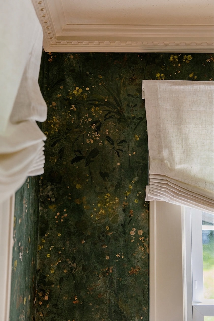 Close-up of a wall with floral wallpaper, part of a window with a white curtain, and decorated white crown molding at the top.