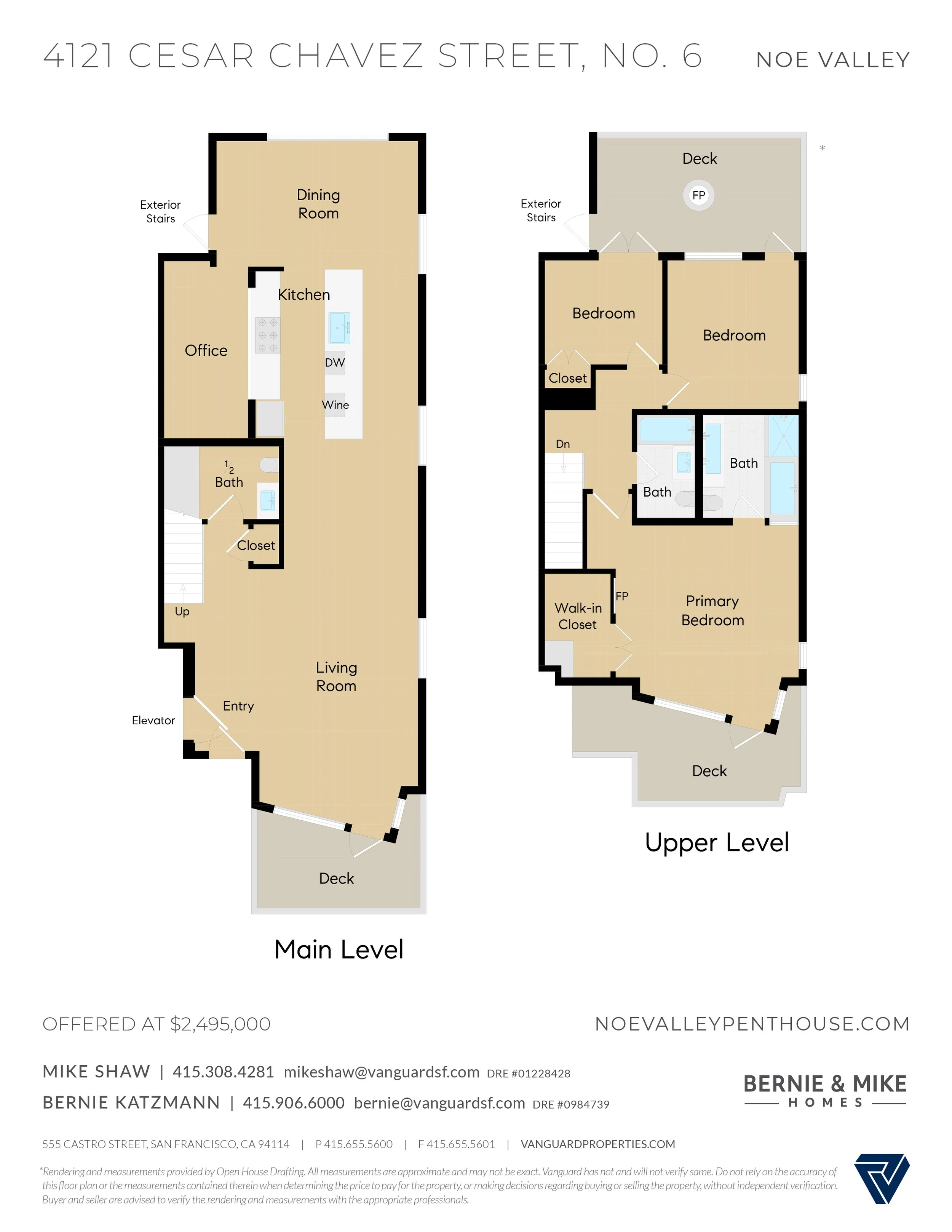 Floor plan of a house with main level and upper level layouts, including rooms such as living room, office, kitchen, dining room, primary bedroom, bedrooms, bathrooms, and outdoor decks, with measurements and notes.