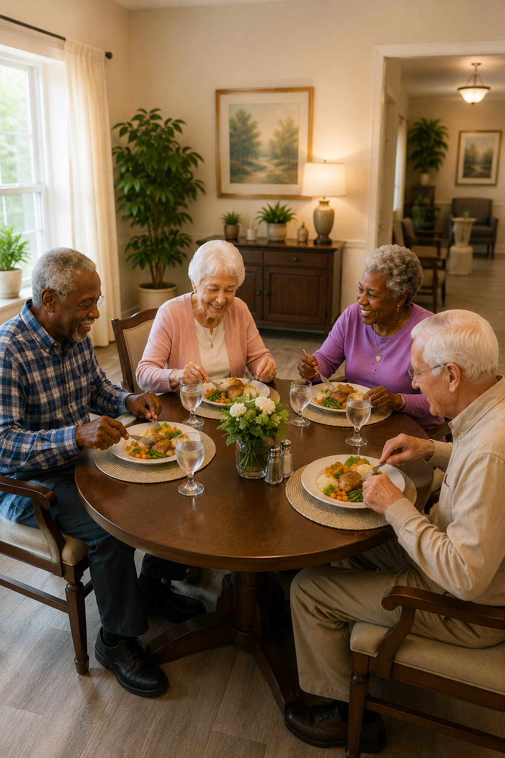 Five elderly people sitting around a dining table smiling and enjoying a meal together in a cozy, well-lit home.