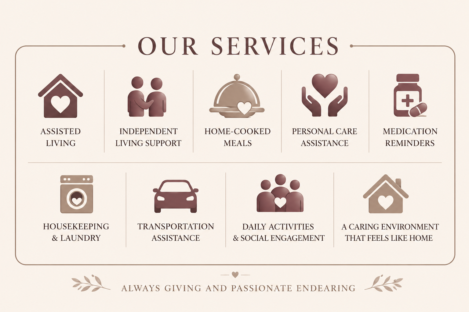 A graphic listing services offered, including assisted living, independent living support, home-cooked meals, personal care assistance, medication reminders, housekeeping and laundry, transportation assistance, daily activities and social engagement, and a caring environment that feels like home. The design features icons representing each service and decorative elements, with the phrase 'Always giving and passionate endearment' at the bottom.