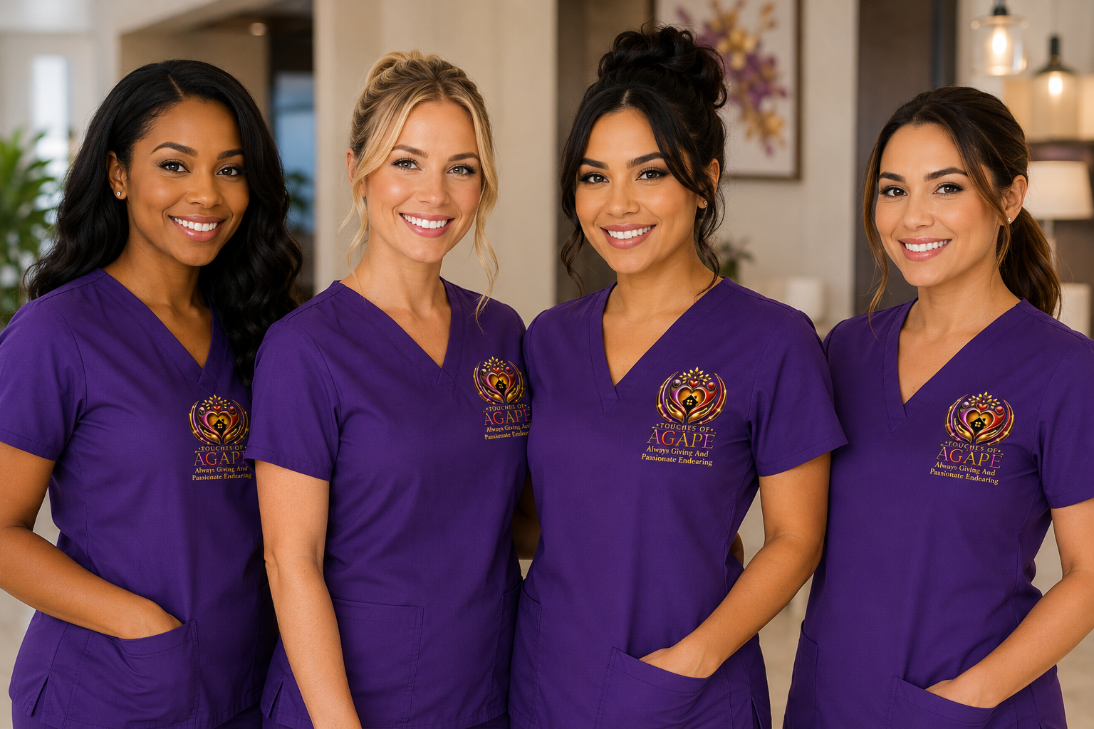 Four women in purple scrubs standing together indoors, smiling at the camera. Their scrubs have a logo with hearts and the words 'Touch of AGAPE' and a slogan, 'Always Giving And Passionate Endearing.'