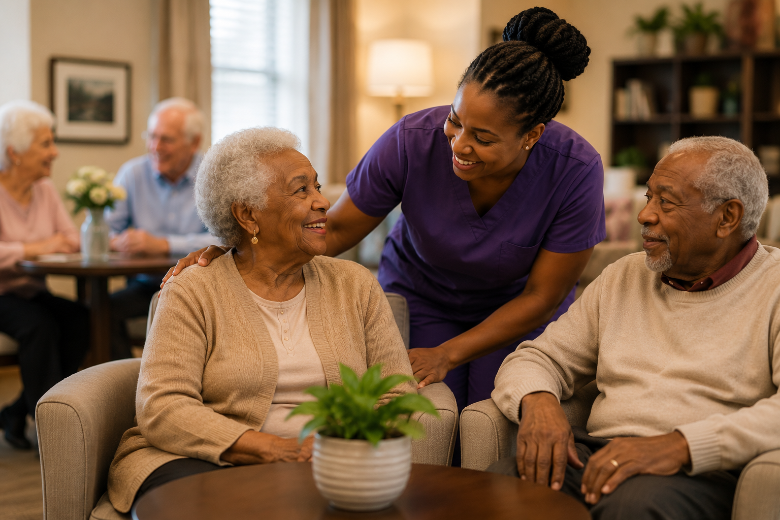 A caregiver in purple scrubs smiling and talking to an elderly woman with gray hair seated in a beige armchair, with an elderly man next to her; in the background, two other elderly individuals are at a table in a cozy room.