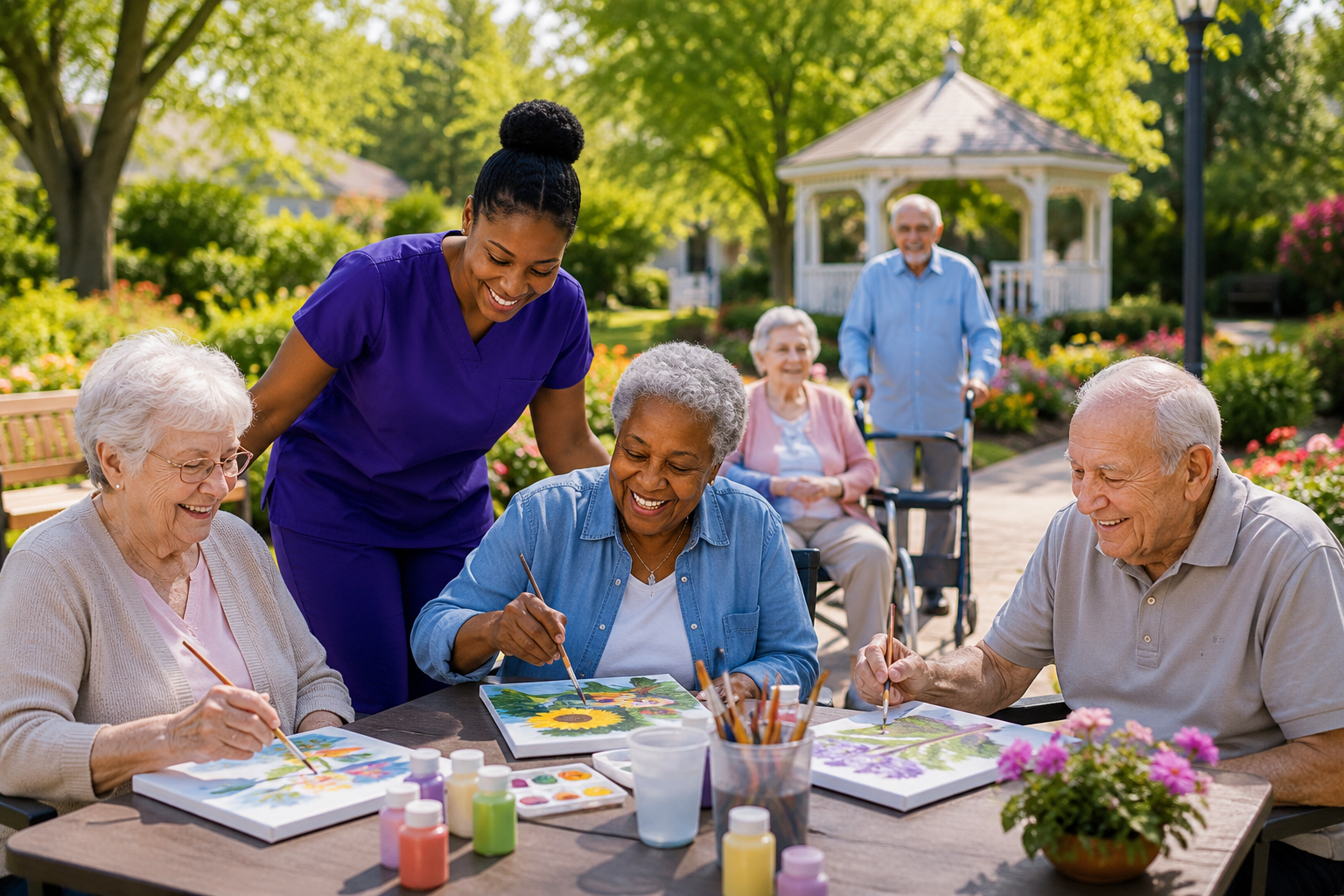 Group of elderly people and a caregiver enjoying painting outdoors in a garden.