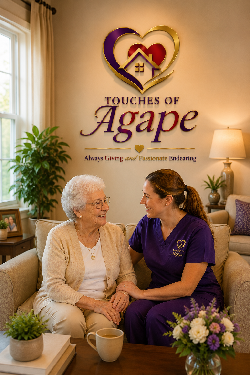 An elderly woman and a caregiver smiling at each other in a living room with a sign that reads "Touches of Agape" and the tagline "Always Giving and Passionate Endearing". There are plants, a picture frame, and a cup on the table.