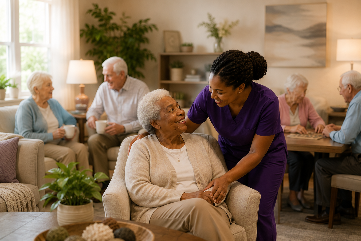 A young female caregiver in purple scrubs smiling and interacting with an elderly woman sitting in a living room, with other elderly people sitting at a table in the background.