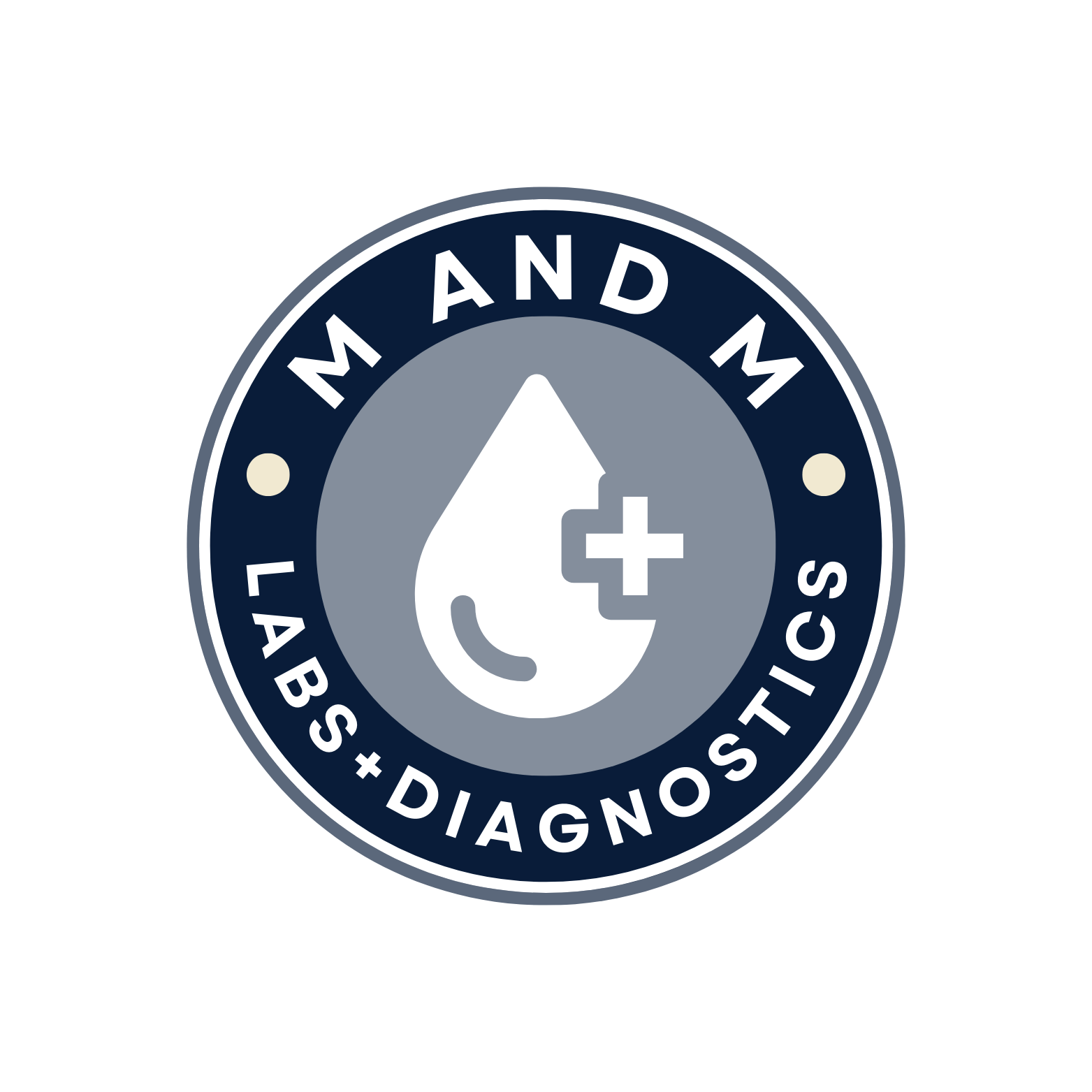 Lab Safety and First Aid Medical Services badge with a white cross on a gray and dark blue background.