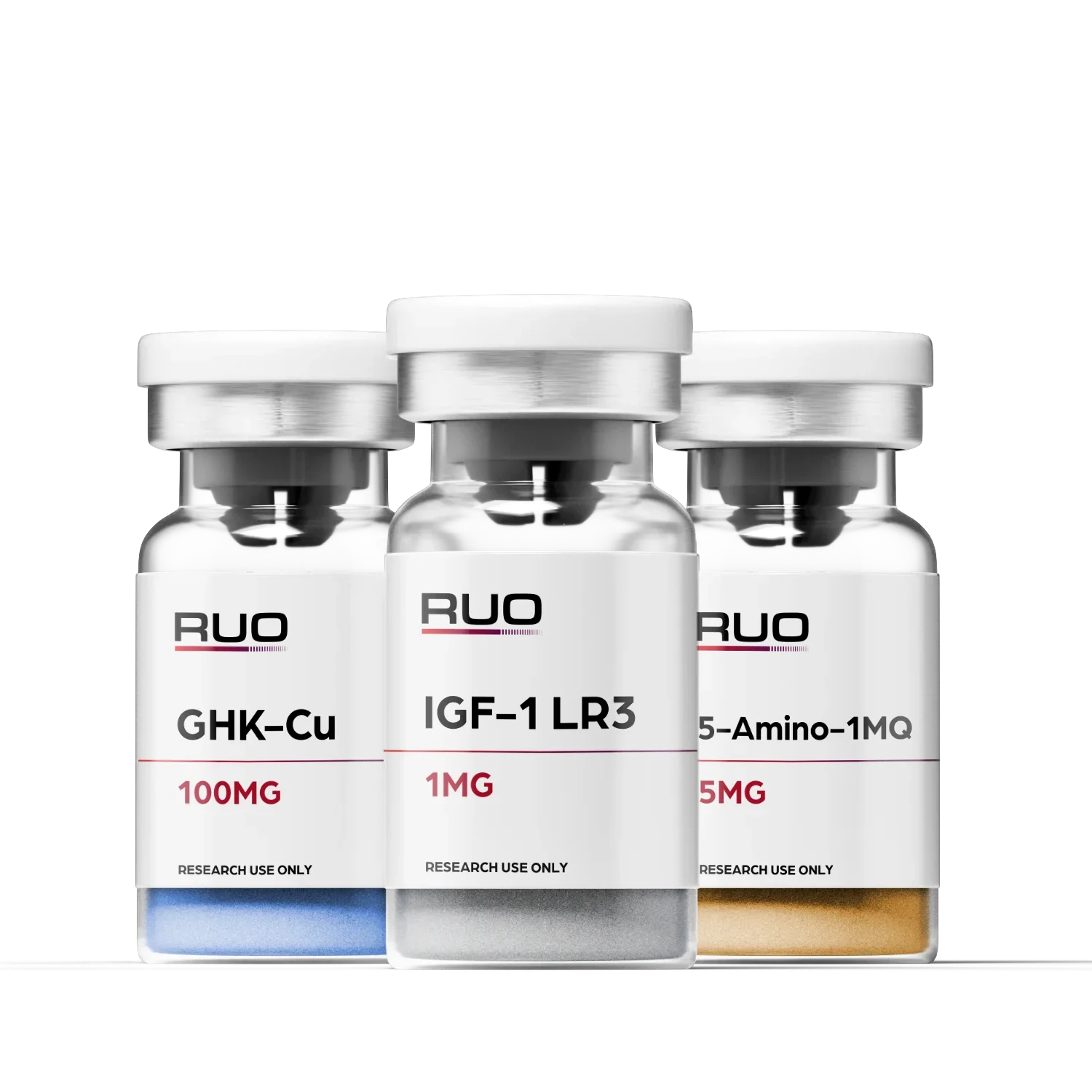 Three research vials labeled GHK-Cu, IGF-1 LR3, and 5-Amino-1MQ, each with distinct labels and dosage information, against a plain background.